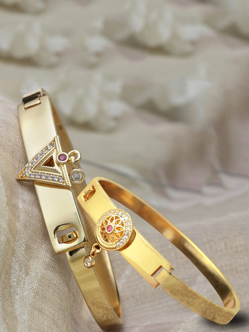 Gold Plated Minimal Design Drop CZ Studded Cuff Bracelet Set Of 2