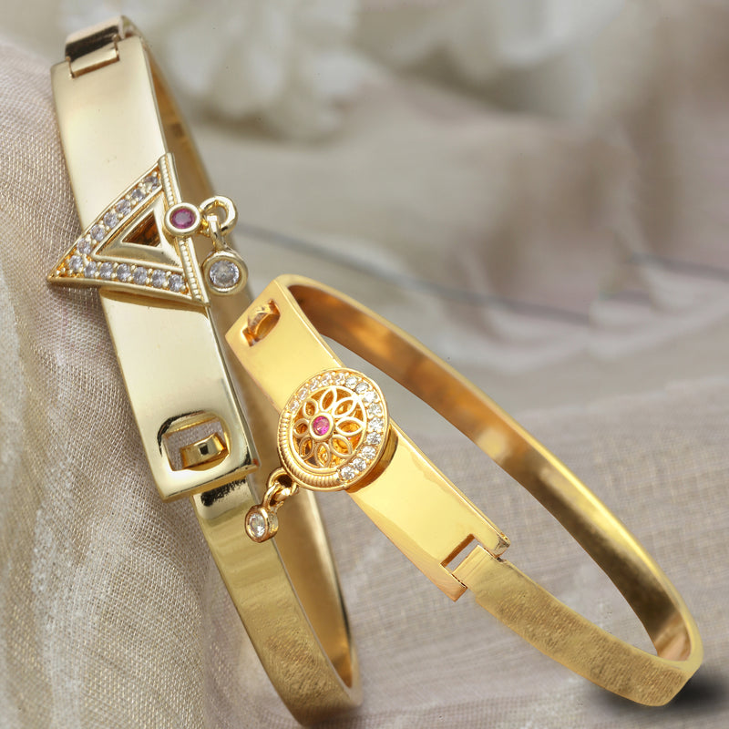 Gold Plated Minimal Design Drop CZ Studded Cuff Bracelet Set Of 2