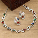 Rhodium-Plated with Silver-Toned Multi-Colour Cubic Zirconia & American Diamond studded Necklace and Drop Earrings Jewellery Set