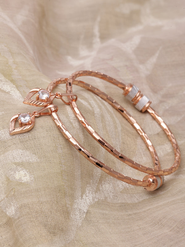Rose Gold-Plated White American Diamond studded Leaf Tasseled Handcrafted Kada Bracelets (Set Of 2)