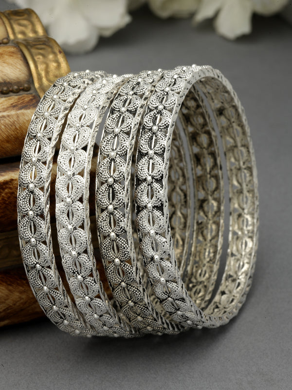 Set Of 4 Oxidised Silver-Plated Paisley Engraved Handcrafted Bangles