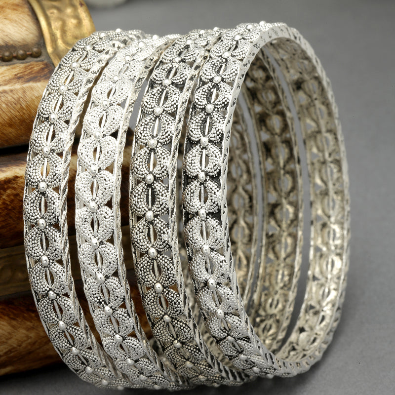 Set Of 4 Oxidised Silver-Plated Paisley Engraved Handcrafted Bangles