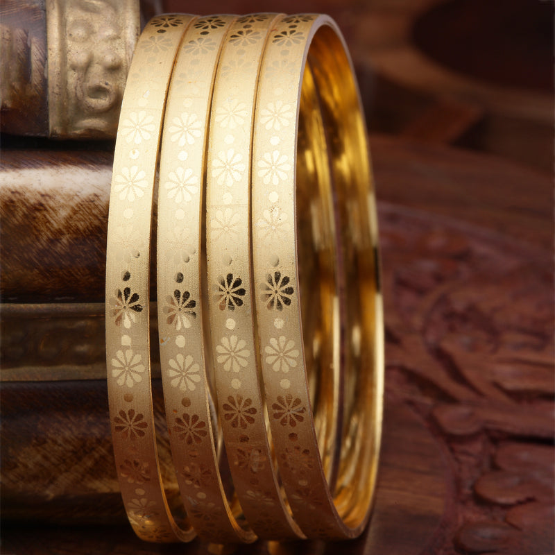 Set Of 4 Gold-Plated Flower Shaped Textured Handcarfted Classic Bangles