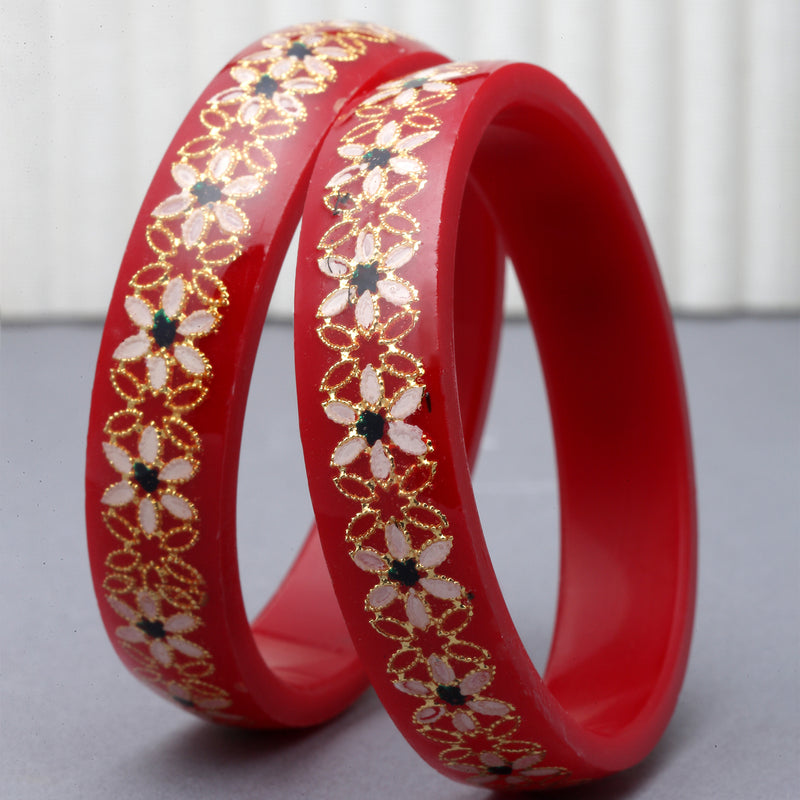 Set Of 2 Gold-Plated White & Green Flower Engraved Handcrafted Non Allergic Bangles