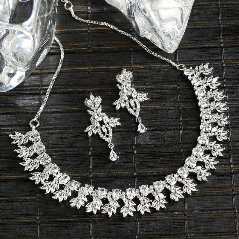 Rhodium-Plated with Silver-Toned White American Diamond Studded Embellish Statement Jewellery Set