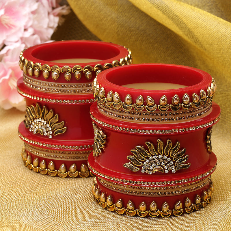 Gold Plated Cubic Zirconia  Studded Nature Inspired Set Of 18 Traditional Bangle Set
