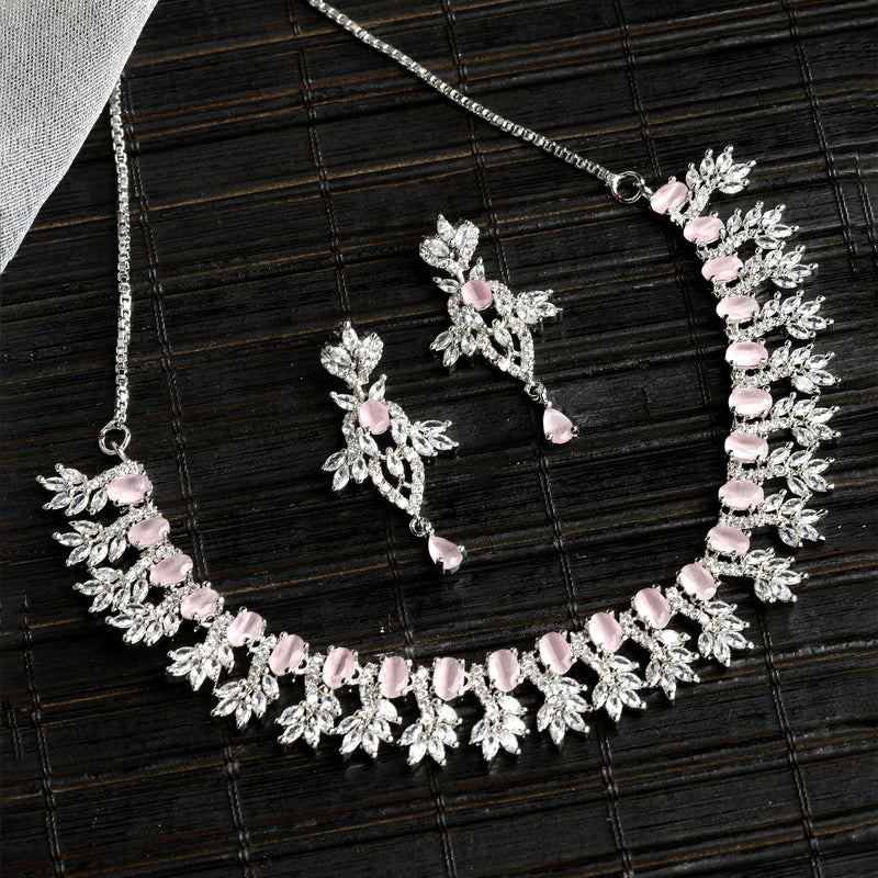 Rhodium-Plated with Silver-Toned Pink and White American Diamond Studded Embellish Statement Jewellery Set