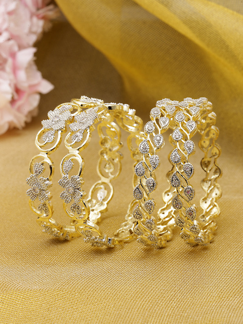 Set Of 4 Gold-Plated White American Diamond studded Dual Toned Paisley and Floral Design Bangles
