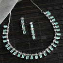 Rhodium-Plated with Silver-Toned Sea Green American Diamond Studded Jewellery Set