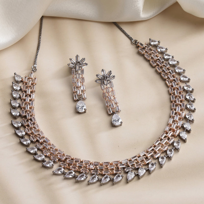 Rose Gold-Plated White and Rose Black American Diamond Studded Necklace & Earrings Jewellery Set