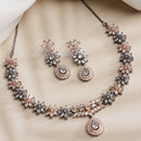 Rose Gold-Plated Floral Design Rose Black and White American Diamond Studded Jewellery Set