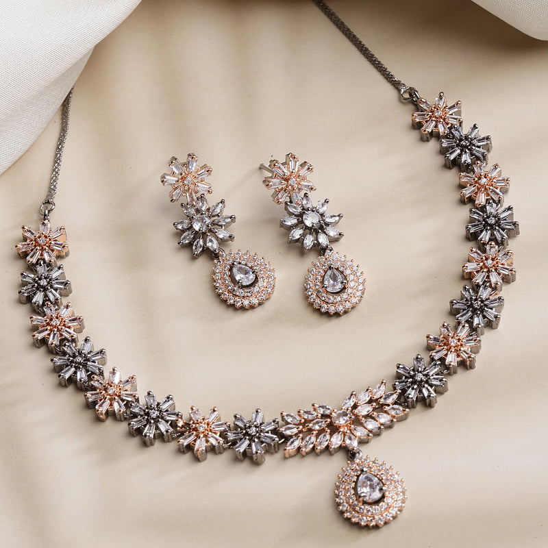 Rose Gold-Plated Floral Design Rose Black and White American Diamond Studded Jewellery Set