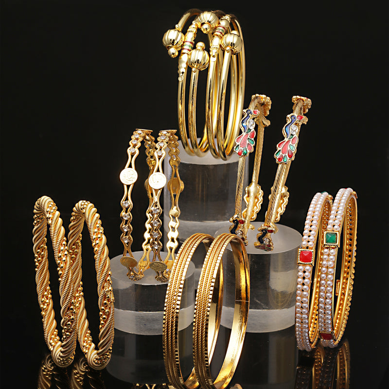 Set Of 12 Gold-Plated Classic Textured Multi Design Handcrafted Bangles