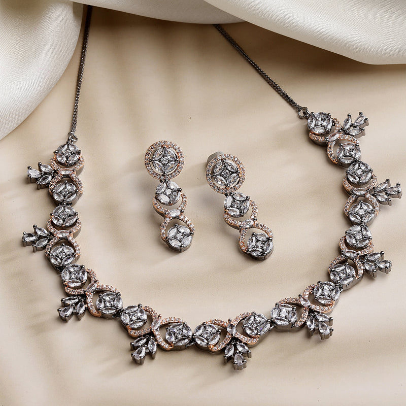 Rose Gold-Plated Circular and Leaf Design Rose Black American Diamond Studded Jewellery Set