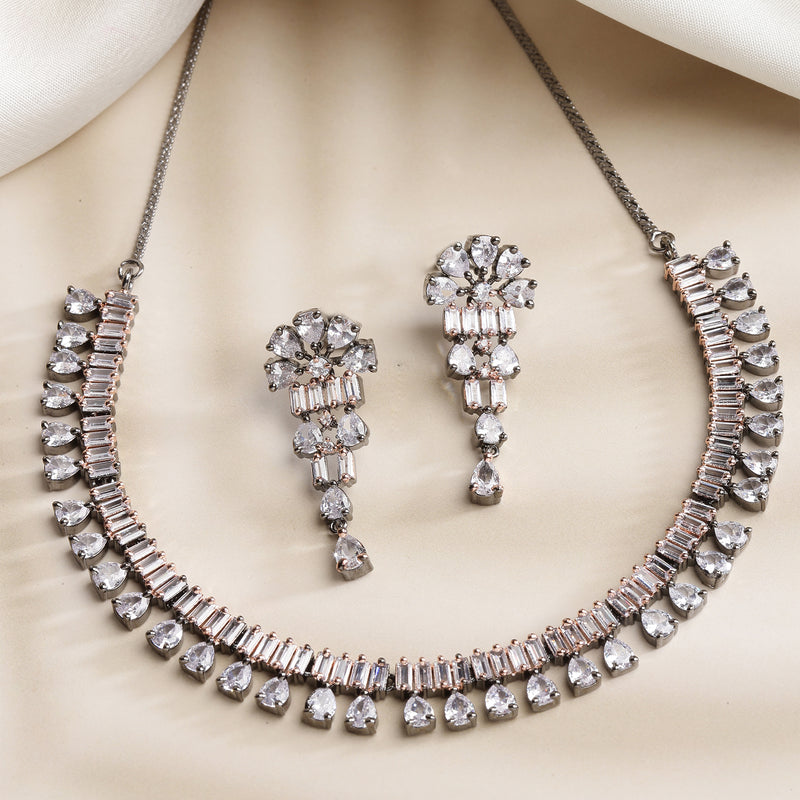 Rose Gold-Plated Rose Black and White American Diamond Studded Jewellery Set