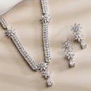 Rhodium-Plated with Silver-Toned Floral Design White American Diamond Studded Jewellery Set