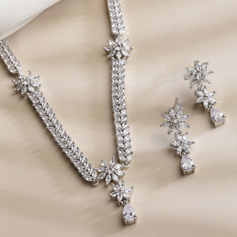 Rhodium-Plated with Silver-Toned Floral Design White American Diamond Studded Jewellery Set