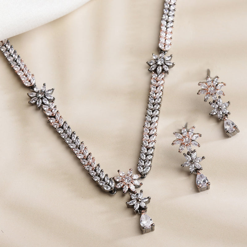 Rose Gold-Plated Floral Design Rose Black and White American Diamond Studded Jewellery Set
