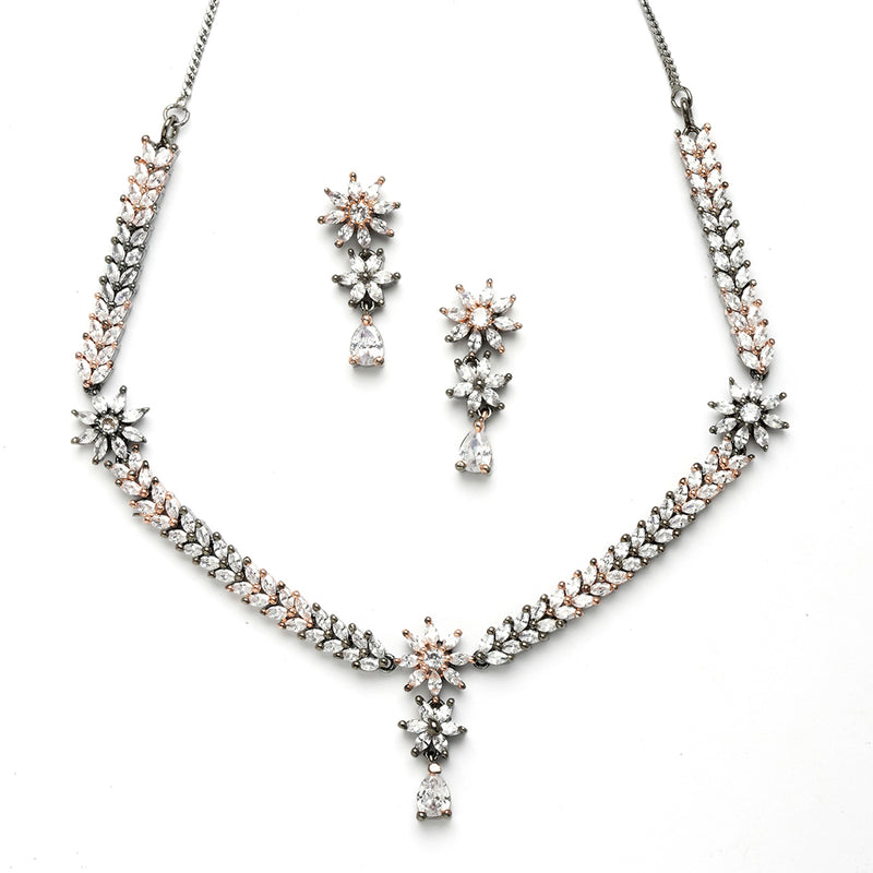 Rose Gold-Plated Floral Design Rose Black and White American Diamond Studded Jewellery Set