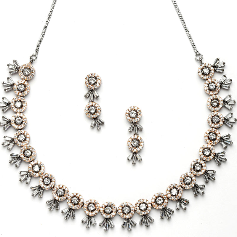 Rose Gold-Plated Rose Black American Diamond Studded Jewellery Set