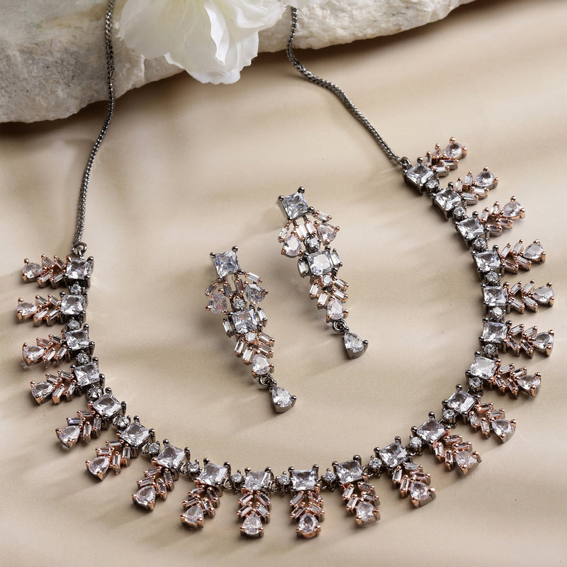 Rose Gold-Plated Leaf Design Rose Black and White American Diamond Studded Jewellery Set
