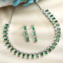 Rhodium-Plated with Silver-Toned Green American Diamond Studded Jewellery Set