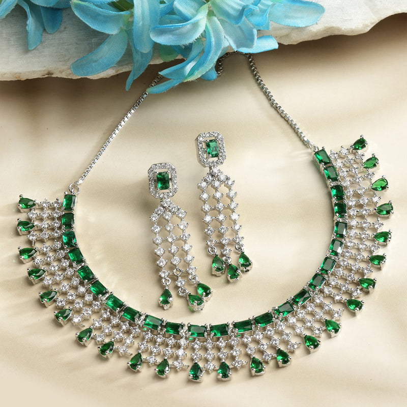 Rhodium-Plated with Silver-Toned Green American Diamond Studded Jewellery Set