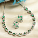 Rhodium-Plated with Silver-Toned Green and White Cubic Zirconia & American Diamond studded Necklace and Drop Earrings Jewellery Set