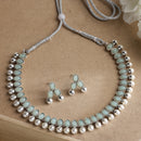 Rhodium-Plated with Oxidized Silver-Toned Sea Green Cubic Zirconia Stone Studded & White Pearl Beaded Necklace and Earrings Jewellery Set