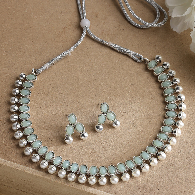Rhodium-Plated with Oxidized Silver-Toned Sea Green Cubic Zirconia Stone Studded & White Pearl Beaded Necklace and Earrings Jewellery Set