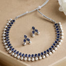Rhodium-Plated with Oxidized Silver-Toned Navy Blue Cubic Zirconia Stone Studded & White Pearl Beaded Necklace and Earrings Jewellery Set