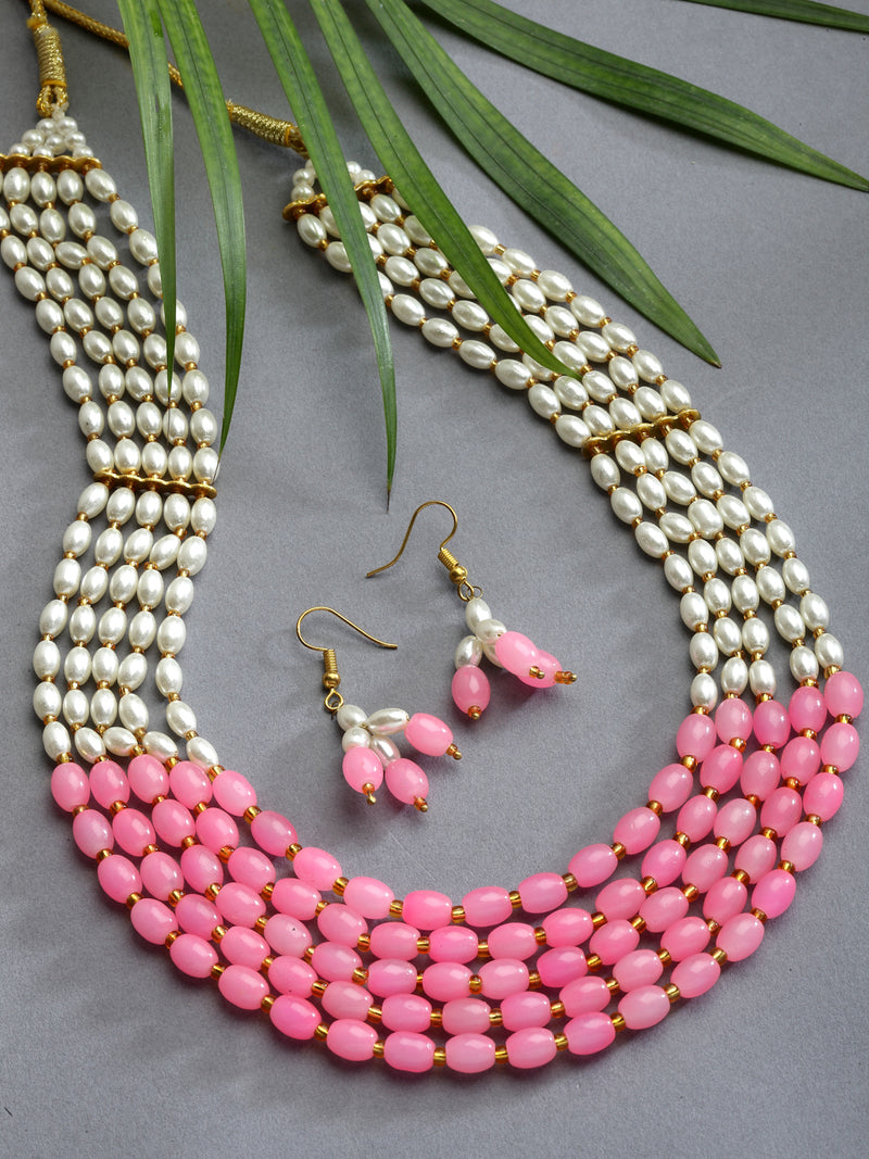 Gold-Plated White and Pink Pearl Beaded Layered Jewellery Set