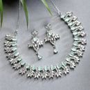 Rhodium-Plated with Silver-Toned Sea Green and White American Diamond Studded Embellish Statement Jewellery Set