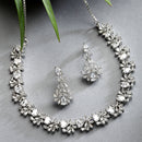 Rhodium-Plated with Silver-Toned Floral and Pear Design White American Diamond Studded Jewellery Set