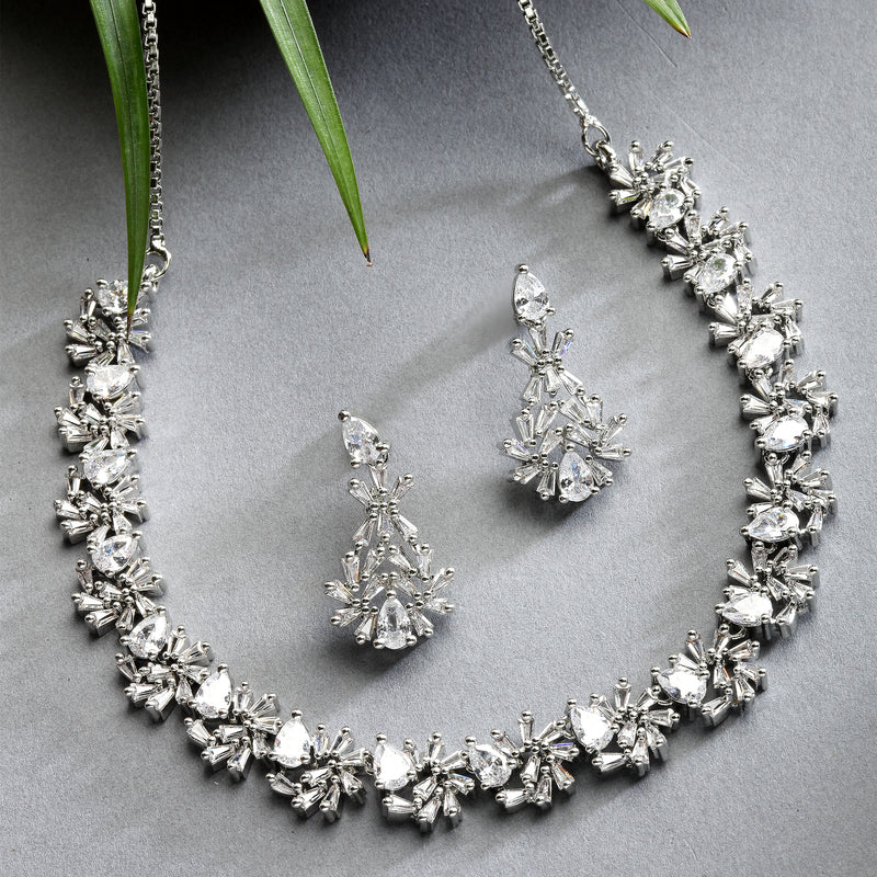 Rhodium-Plated with Silver-Toned Floral and Pear Design White American Diamond Studded Jewellery Set