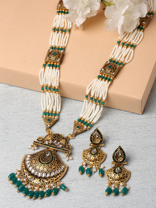 Gold-Plated Cubic Zirconia Studded & Beaded Long Meenakari Necklace with Earrings Jewellery Set