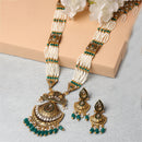 Gold-Plated Cubic Zirconia Studded & Beaded Long Meenakari Necklace with Earrings Jewellery Set