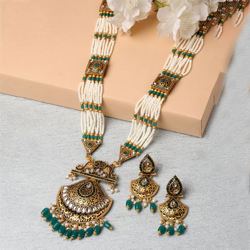Gold-Plated Cubic Zirconia Studded & Beaded Long Meenakari Necklace with Earrings Jewellery Set