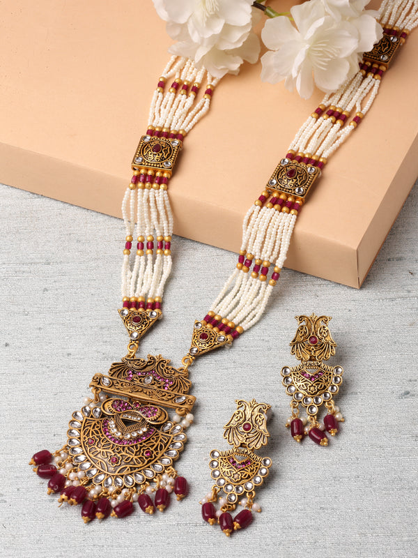 Gold-Plated Artifical Stones Studded & Beaded Intricate Long Necklace with Earrings Jewellery Set
