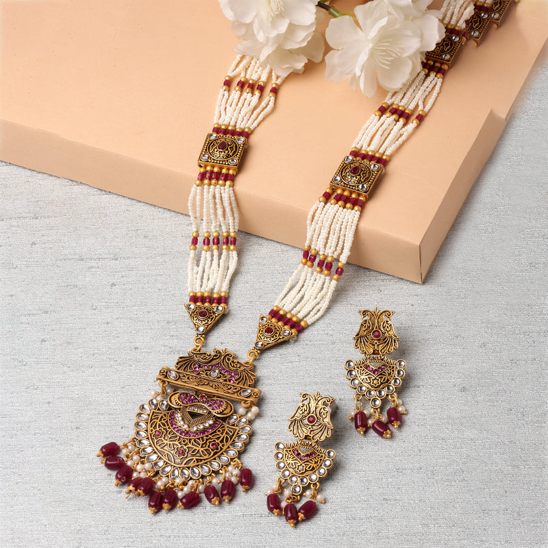 Gold-Plated Artifical Stones Studded & Beaded Intricate Long Necklace with Earrings Jewellery Set