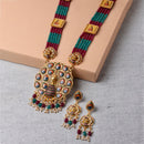 Gold-Plated Kundan Studded & Beaded Long Meenakari Necklace with Earrings Jewellery Set