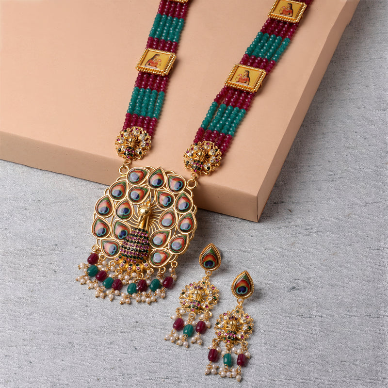 Gold-Plated Kundan Studded & Beaded Long Meenakari Necklace with Earrings Jewellery Set
