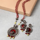 Oxidised Silver-Plated Red Stone Studded & Beaded Antique Matte God Krishna Jewellery Set