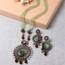 Oxidised Silver-Plated Lime Green Stone Studded & Beaded Antique Matte God Krishna Jewellery Set