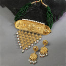 Gold-Plated Green & White Kundan Studded & Beaded Choker Meenakari Necklace with Earrings Jewellery Set
