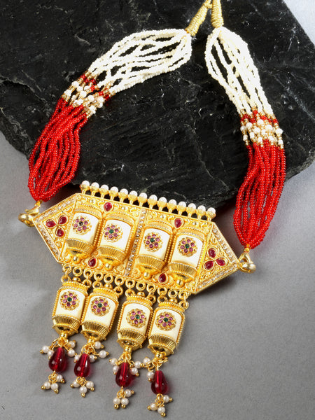 Gold-Plated Red & White Kundan Studded & Beaded Choker Meenakari Necklace