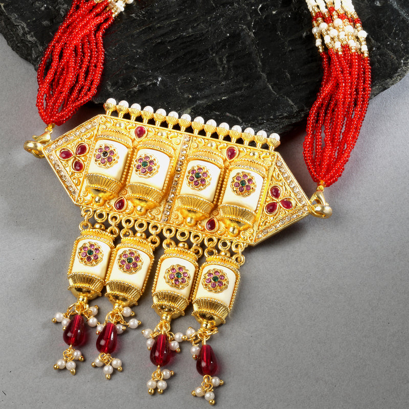 Gold-Plated Red & White Kundan Studded & Beaded Choker Meenakari Necklace