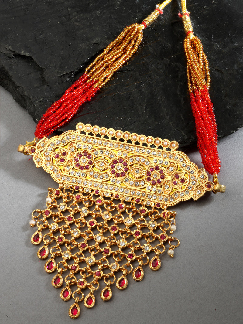 Gold-Plated Pink & White Kundan Studded & Beaded Choker Meenakari Necklace
