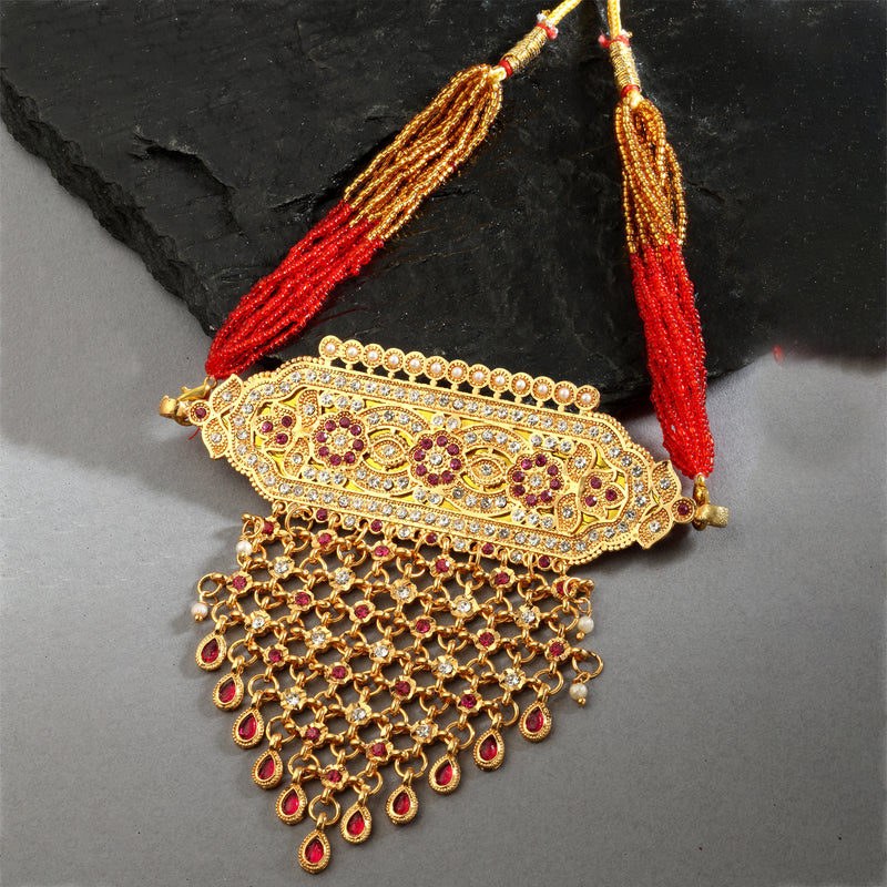 Gold-Plated Pink & White Kundan Studded & Beaded Choker Meenakari Necklace