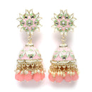 Gold-Plated Pink & White Kundan-Pearls studded Crescent Shaped Hand Painted Jhumka Earrings